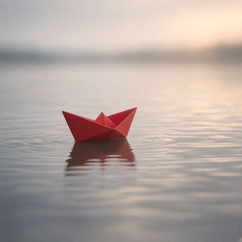 a small red paper boat on calm water, so…
