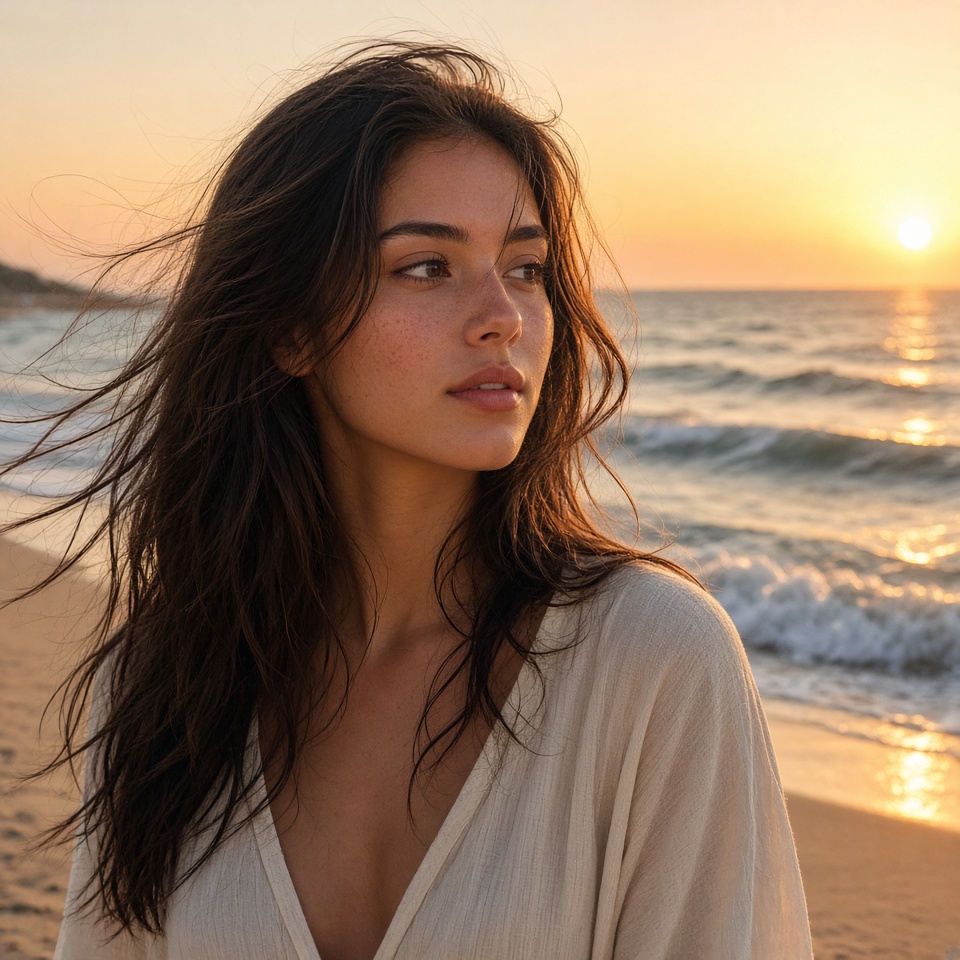 young woman on a beach at sunset, wind i…