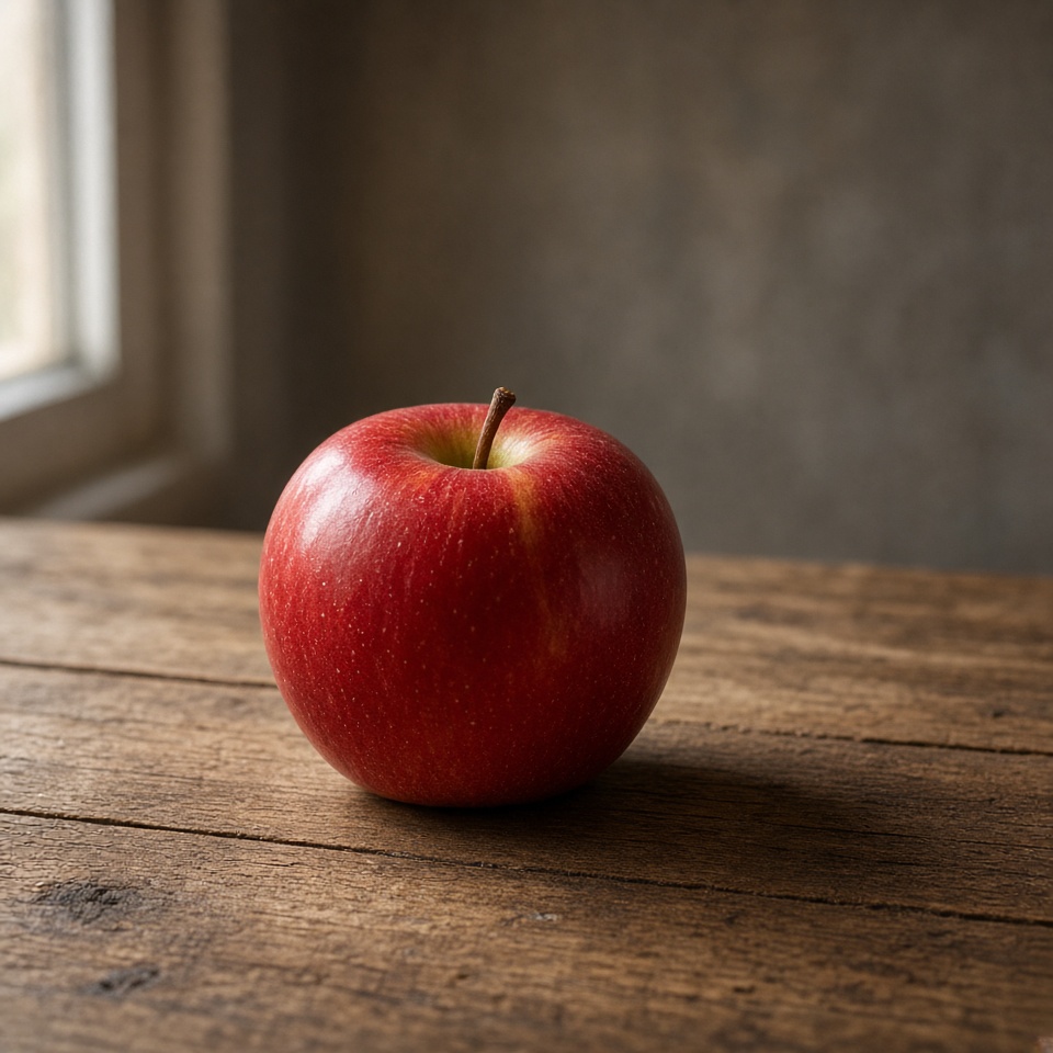 a single red apple on a wooden table, so…