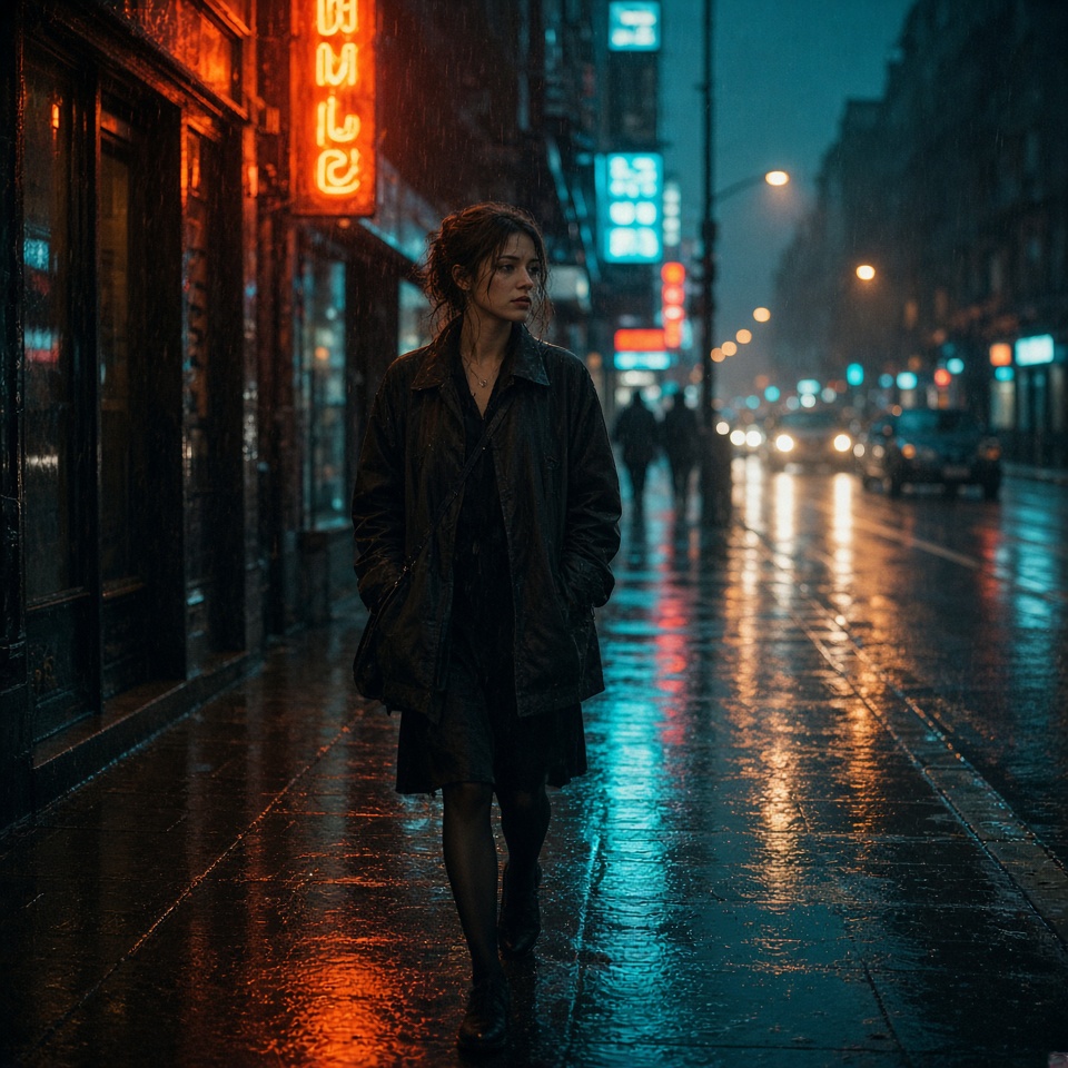 young woman walking on a rainy city stre…