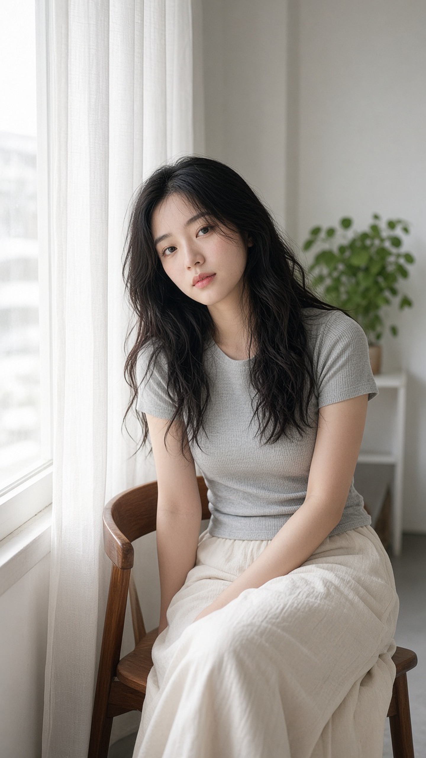 [人像寫真 · 電影光影] 一位22岁的东亚年轻女性，坐在靠窗的木椅上，清晨柔和自然光透过白色纱帘漫射进来，…