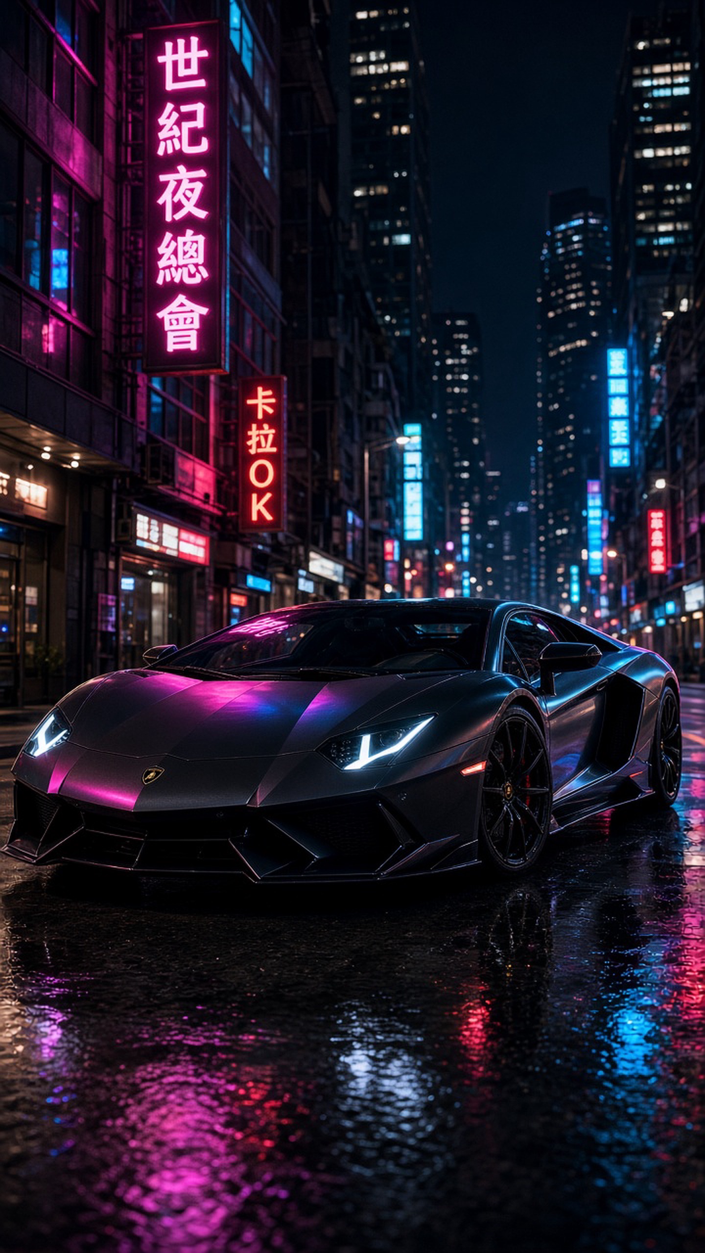 一辆兰博基尼超级跑车，竖版构图，车身线条犀利，停在城市夜景街道上，霓虹灯反射，电…