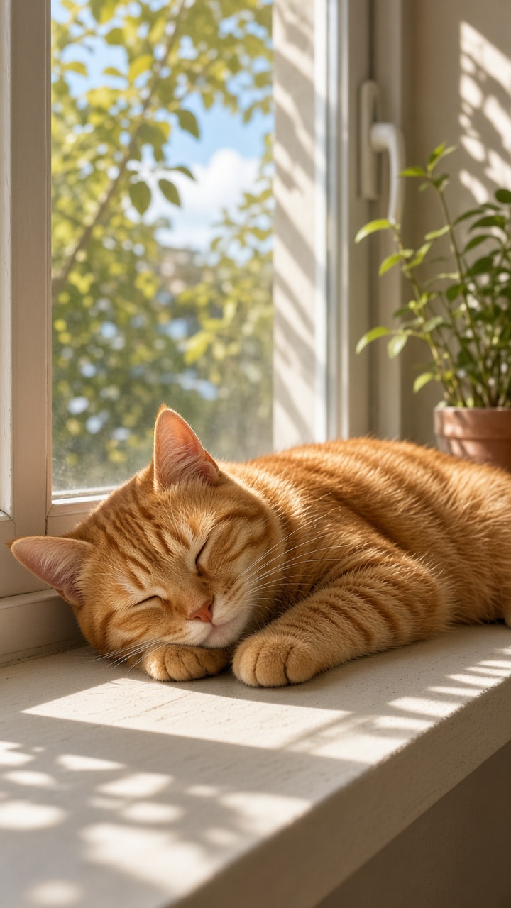 一只橘猫趴在窗台，午后自然光