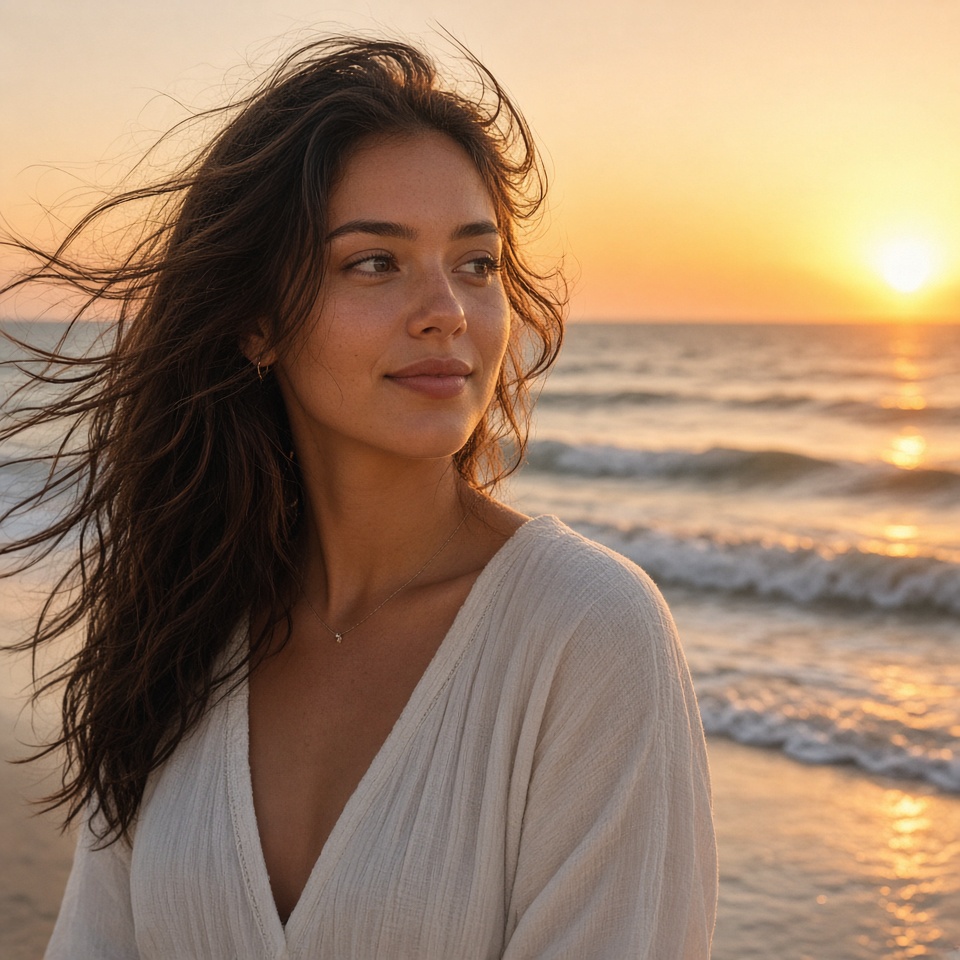young woman on a beach at sunset, wind i…