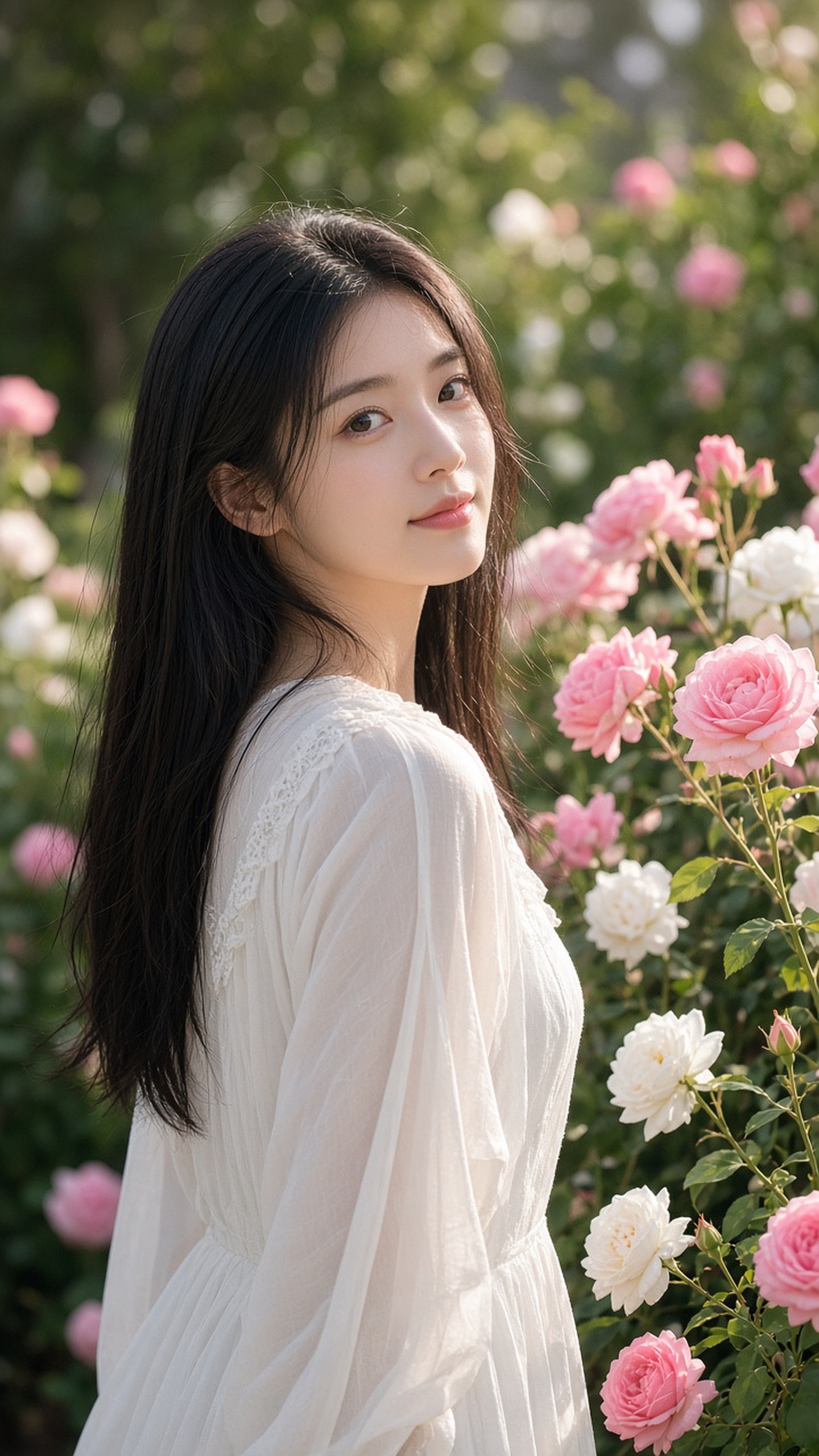 蔷薇花园晨光中的白裙美人，25岁成年东方女性，精致自然的五官，清澈明亮的眼睛，乌…