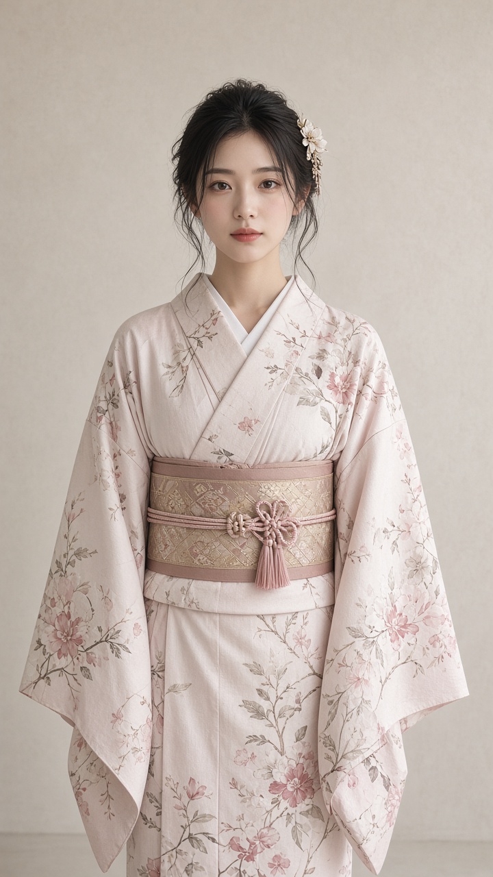 生成一個日本女生穿和服只到腰下的正面全身照