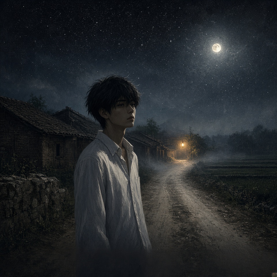 夜晚的农村，一个黑发男生站在村口的土路中间，穿白衬衫，身后是低矮的砖瓦房屋和远处…