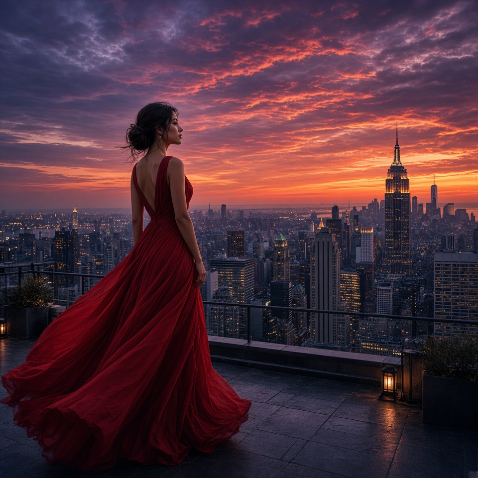 elegant woman in a flowing red dress on…