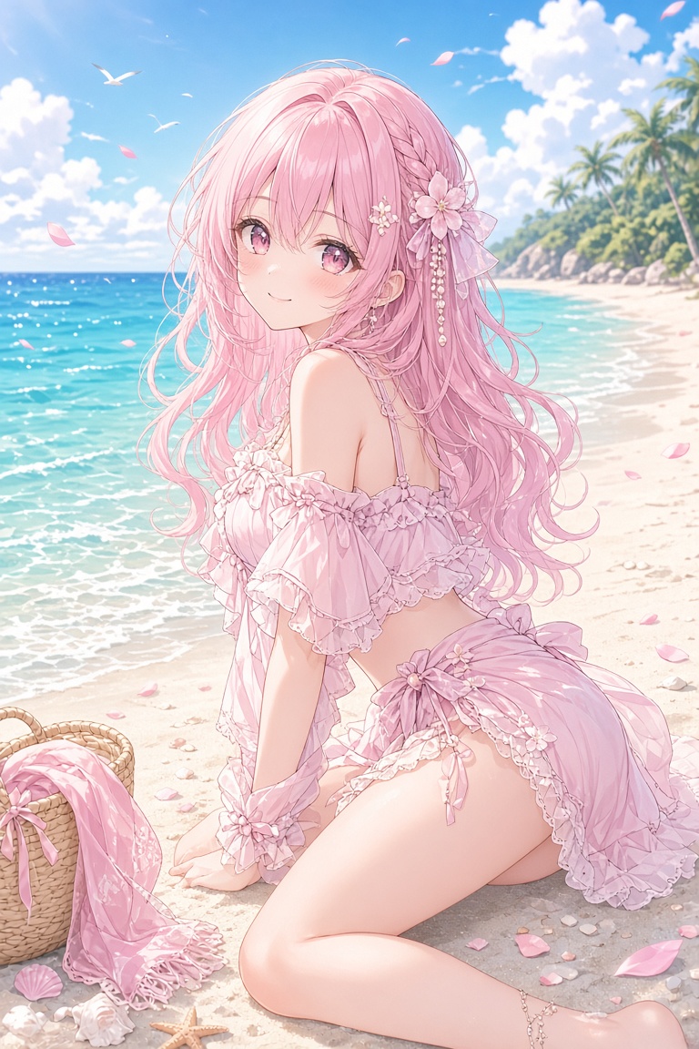 [動漫二次元] 二次元，沙滩，少女，粉色头发