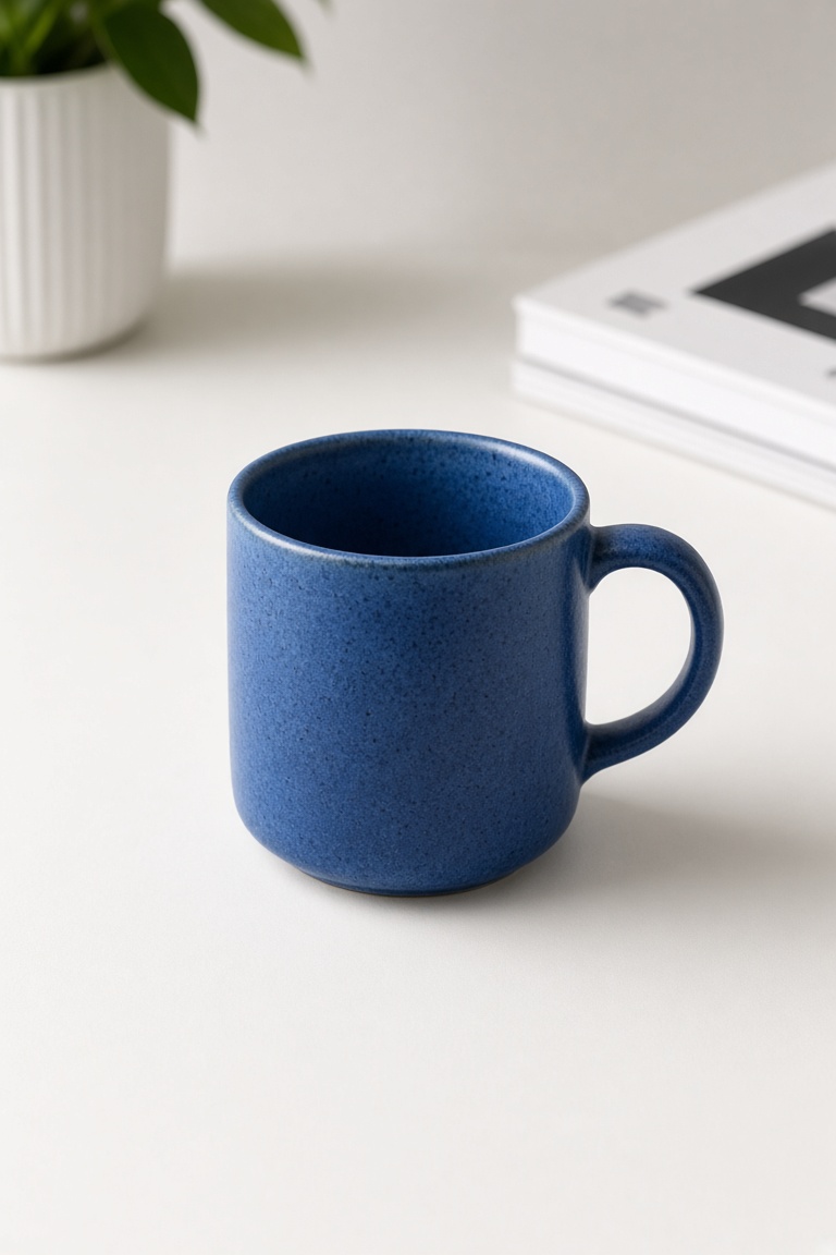 a small blue ceramic mug on a white desk