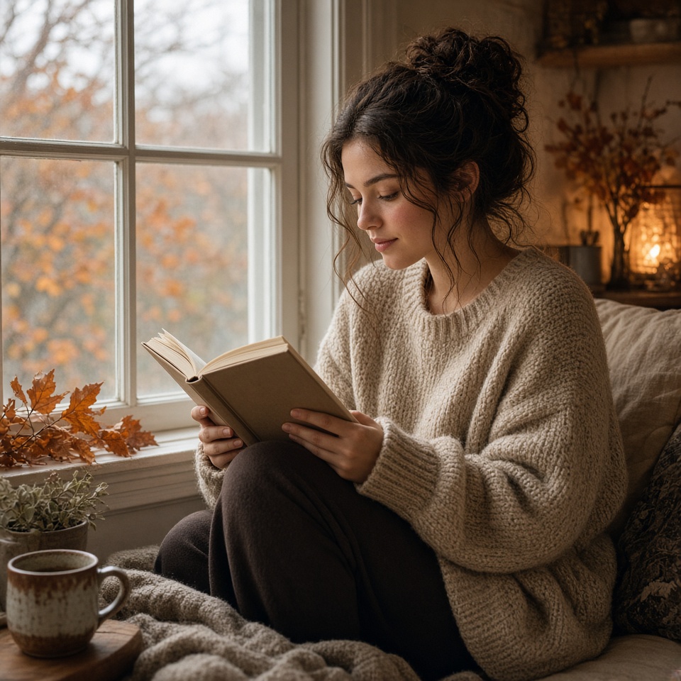 young woman reading a book by a large wi…