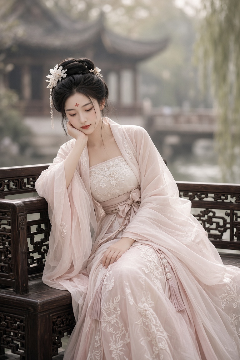 一位身着传统汉服的年轻女子，整体画面充满古典雅致的东方美学韵味。女子端坐于深褐色…