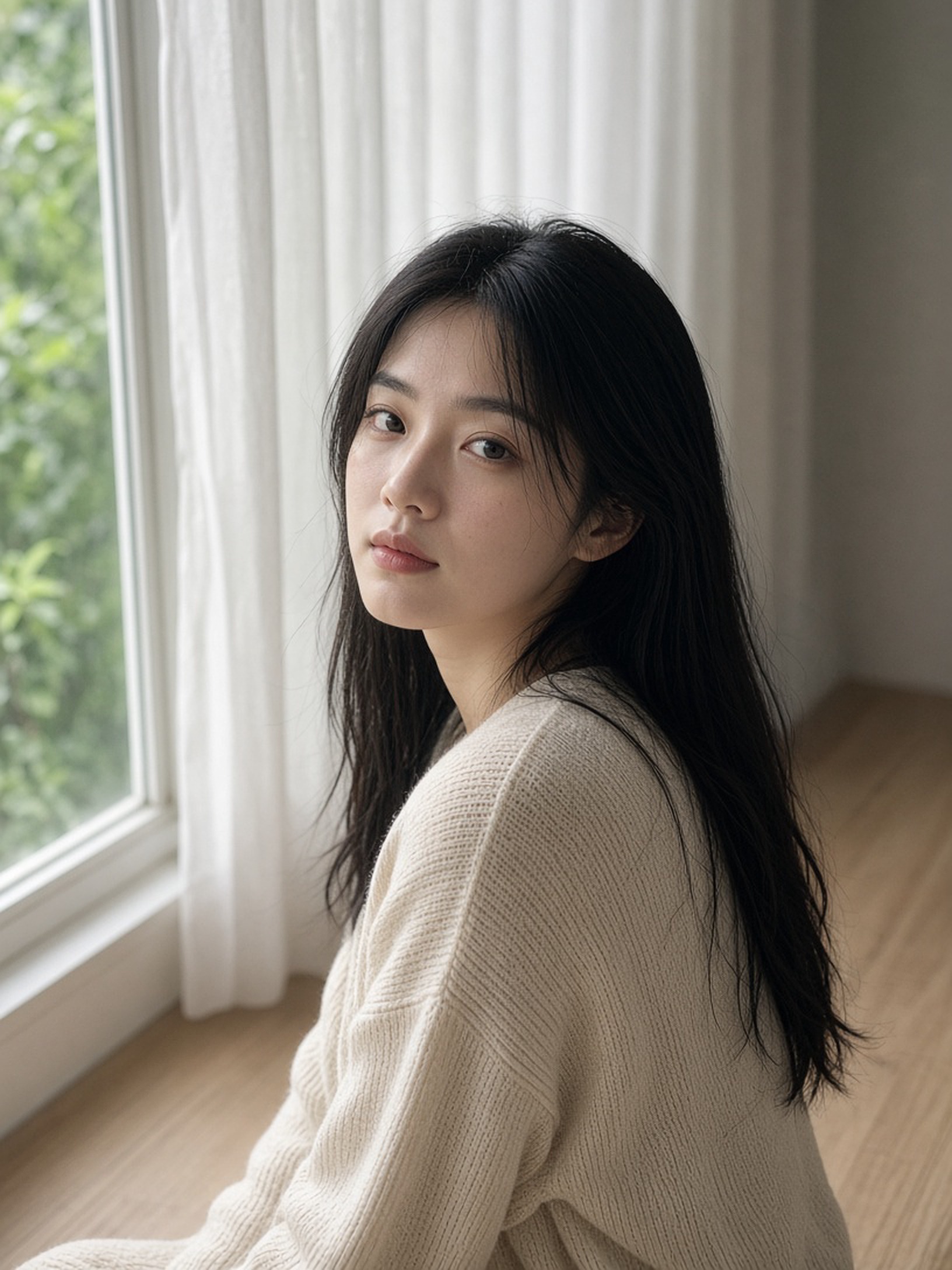 写实人像摄影，一位二十多岁的中国年轻女性，素颜感淡妆，黑色长直发自然散落，穿着米…