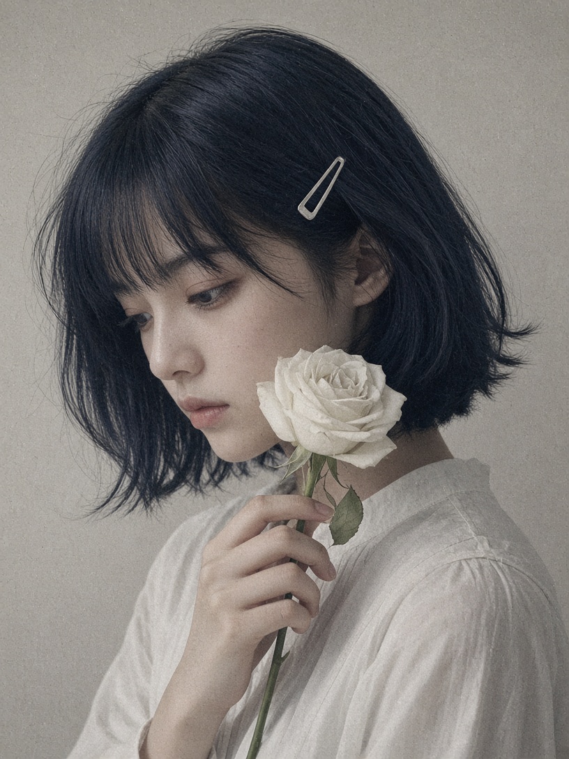 [人像寫真 · 電影光影] 十七岁女孩半身人像，深蓝黑短发别银色U形发夹，手持一支白玫瑰贴在颊边，极简素色背…