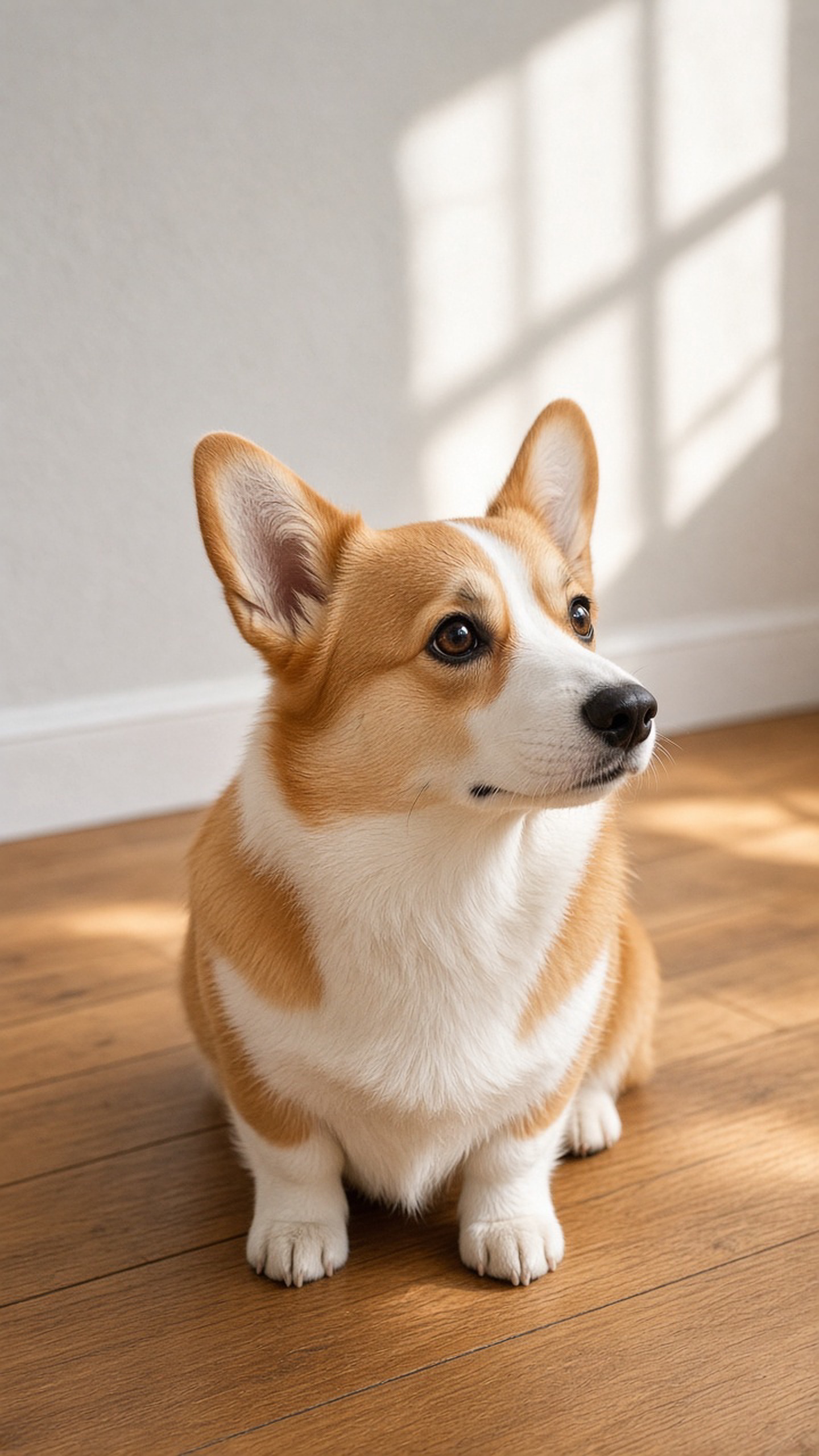 一只柯基犬坐在木地板上，午后自然光，写实摄影，竖版