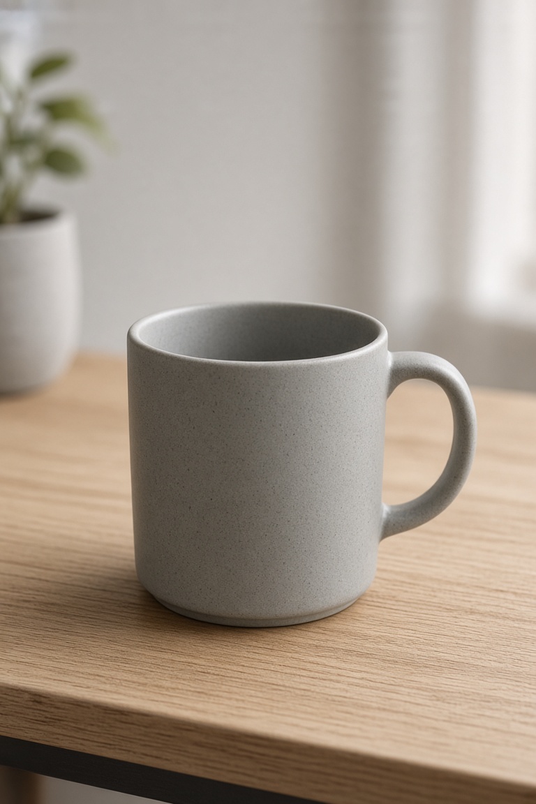 a plain grey ceramic mug on a wooden des…