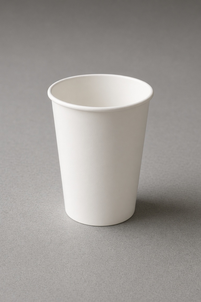 a white paper cup on a gray table
