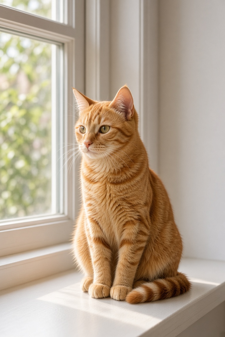 一只橘色虎斑猫坐在白色窗台上，午后自然光从窗外照进来，背景是浅色房间，写实摄影风…