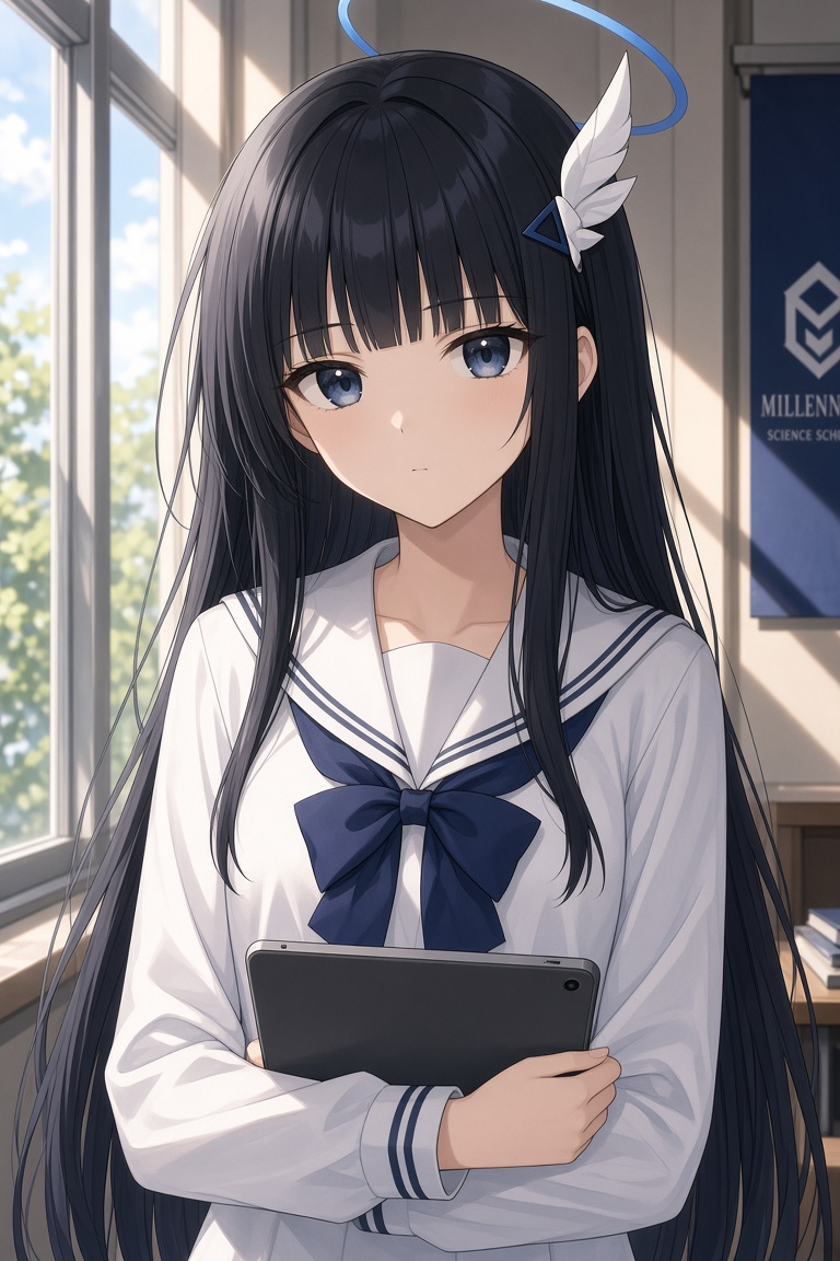 蔚蓝档案的优香，黑色长直发、齐刘海、蓝色眼睛，千禧年科学学园的白色水手风制服配深…