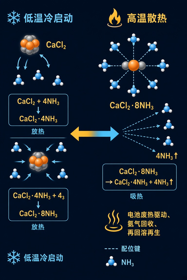 一张深蓝黑渐变背景的扁平矢量科学示意图，主题为氯化钙与氨气的可逆配位储能反应。画…