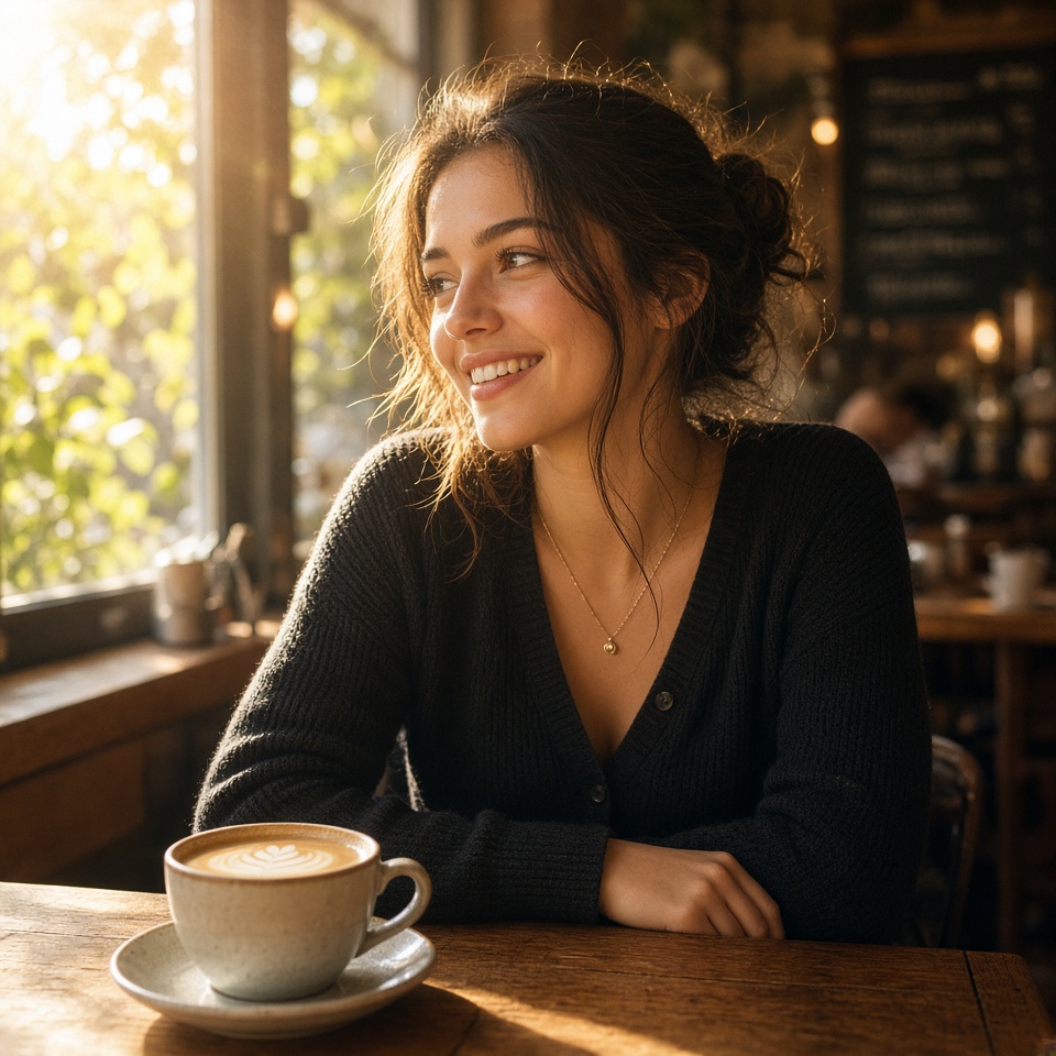beautiful young woman in a sunlit cafe,…