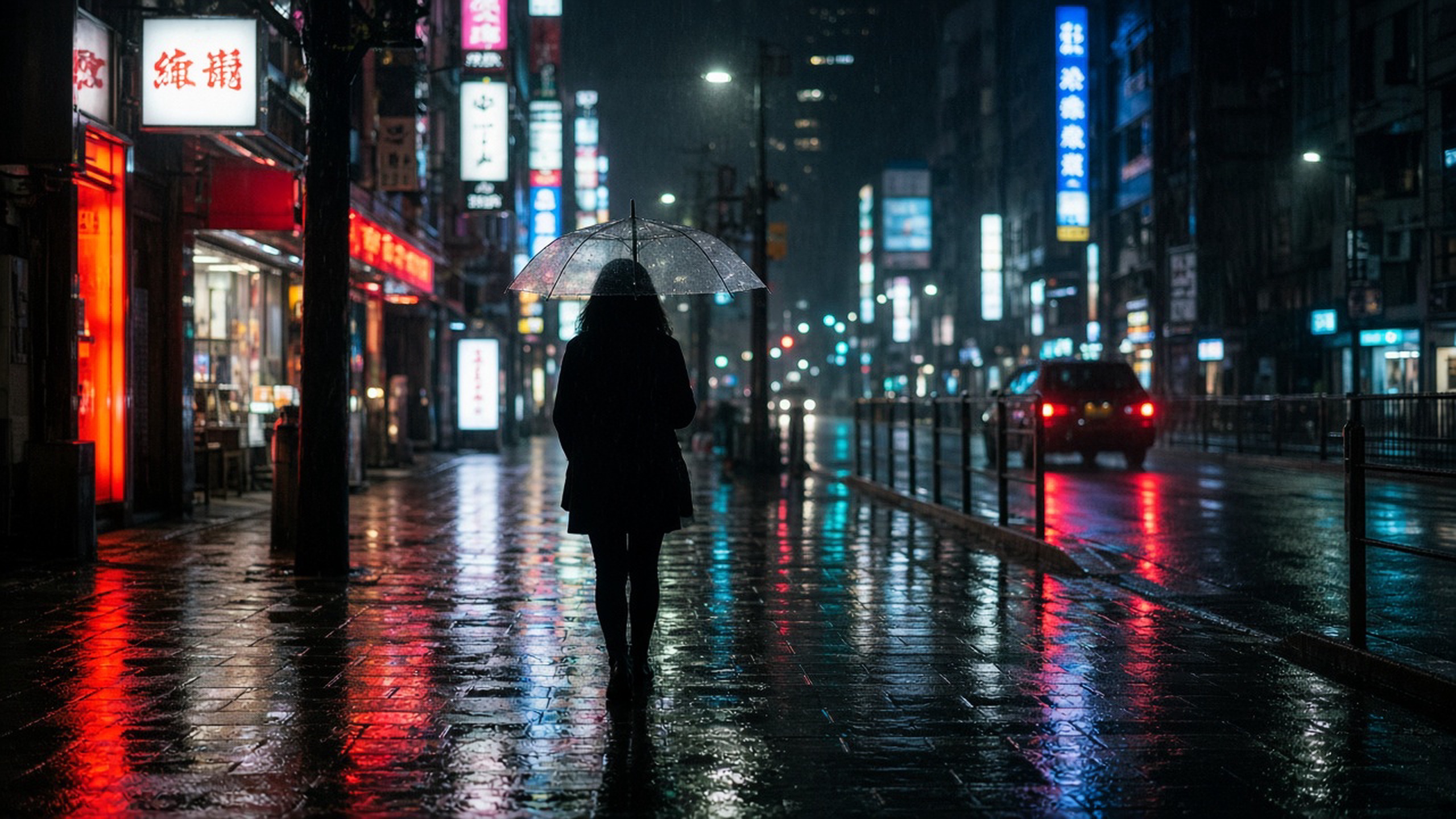 [人像寫真] 雨夜霓虹街头，一个撑伞的女孩背影，写实摄影