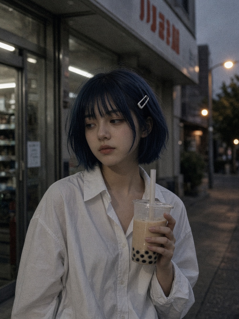 [人像寫真 · 電影光影] 十七岁女孩写实生活照，深蓝黑色短发，银色U形发夹，圆脸，穿宽松白衬衫站在便利店门…