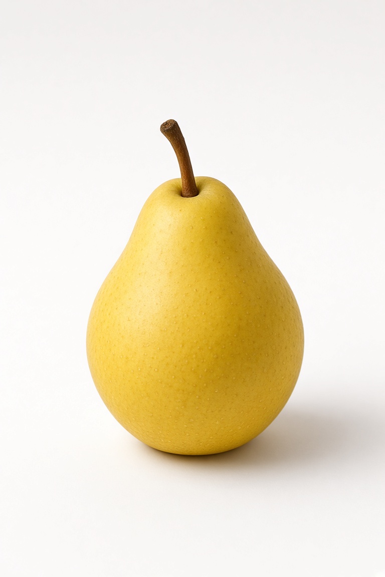 a single yellow pear on a plain white ta…
