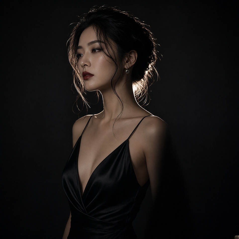 elegant asian woman in a black silk dres…