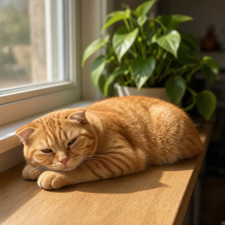 一只橘色短毛猫趴在木质窗台上晒太阳，午后自然光从窗户斜射进来，室内绿植虚化背景，…