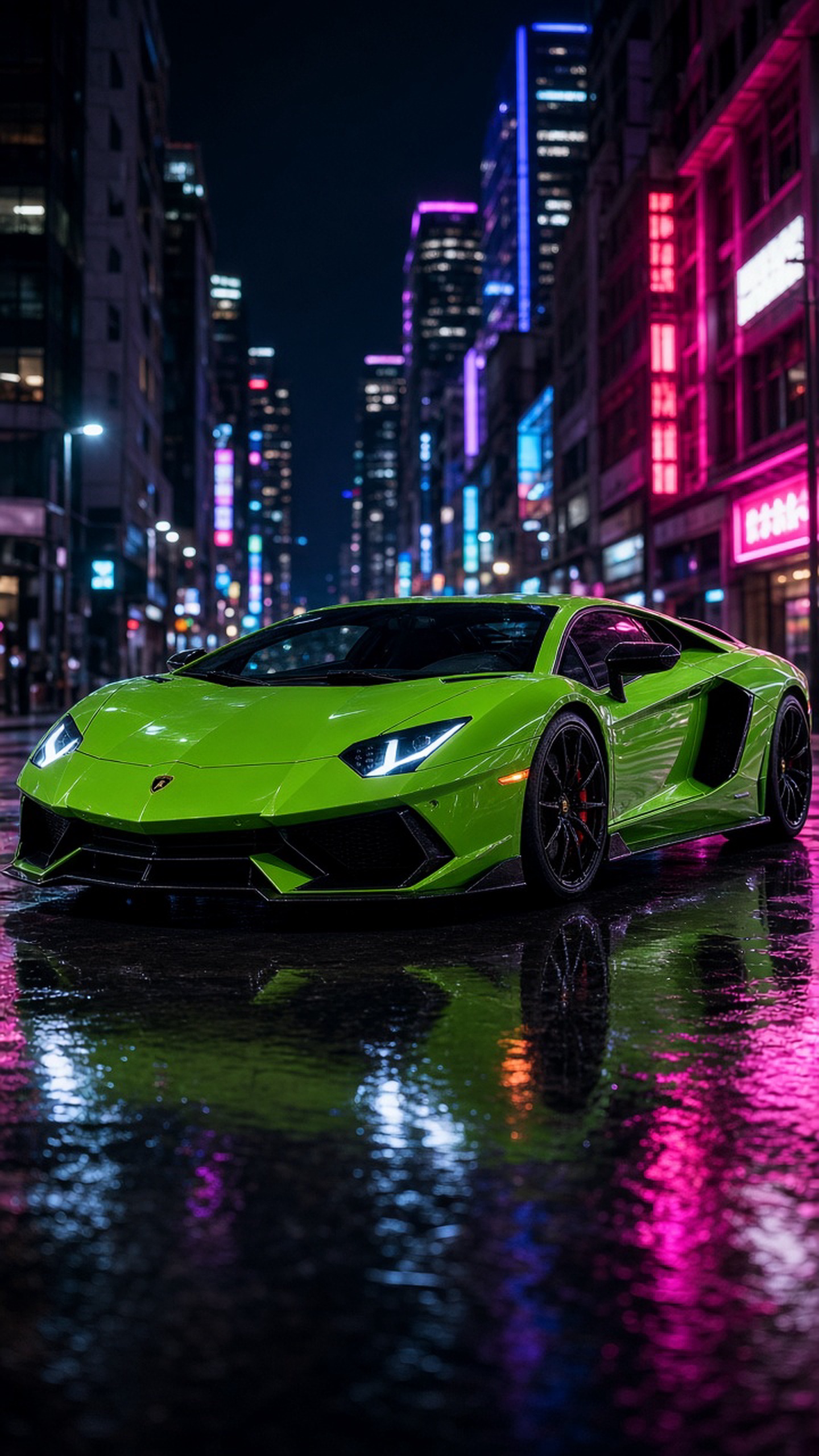 一辆兰博基尼超级跑车，竖版构图，车身线条犀利，停在城市夜景街道上，霓虹灯反射，电…