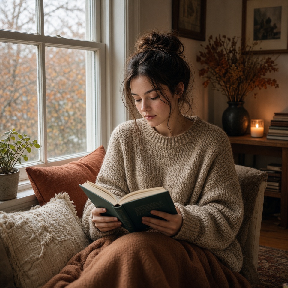 young woman reading a book by a large wi…