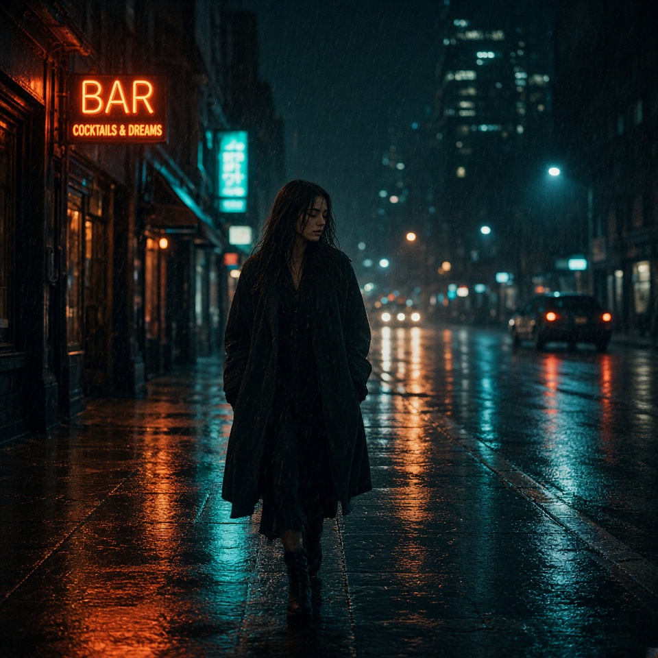 young woman walking on a rainy city stre…