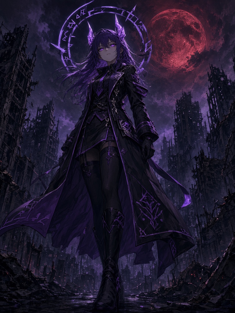 [動漫二次元] 紫发少女，穿黑紫色长外套制服，头顶暗紫色几何环形光环与发光紫角，紫眼发光，冷峻霸…