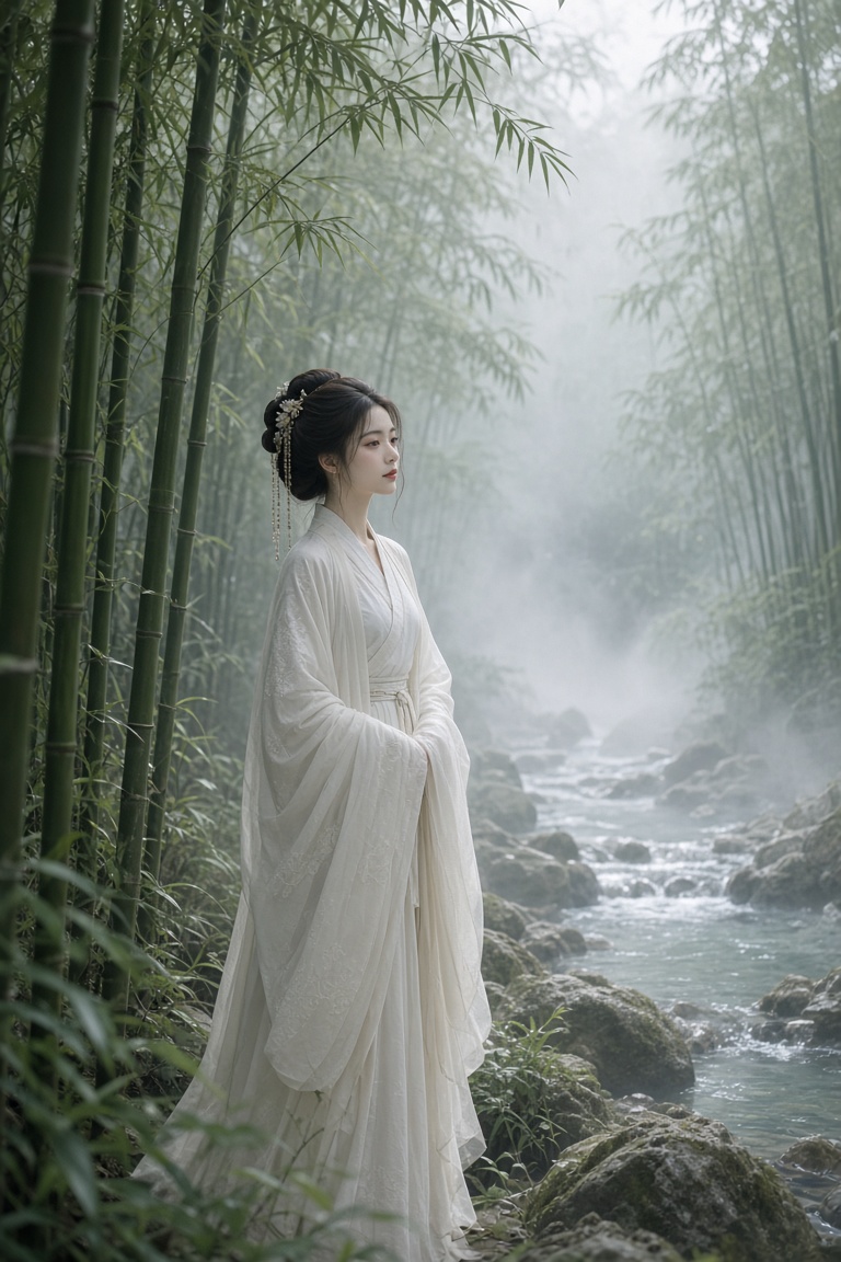 [人像寫真 · 東方古風] 一位身着素白汉服的古典女子立于竹林溪畔，晨雾缭绕