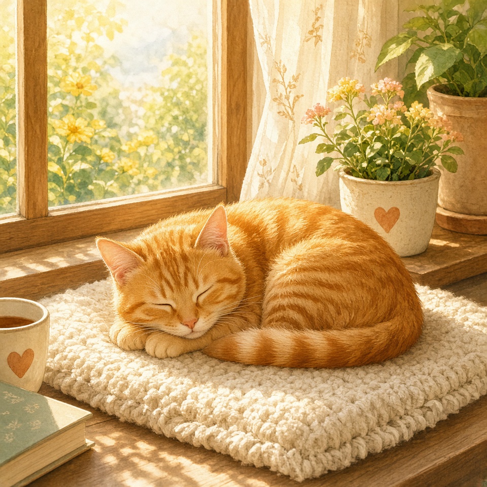 一只在窗台上晒太阳的橘猫，温暖阳光，治愈系插画