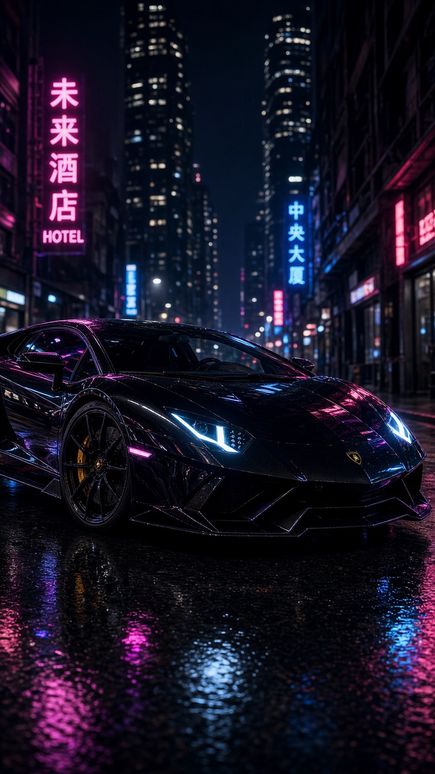 一辆兰博基尼超级跑车，竖版构图，车身线条犀利，停在城市夜景街道上，霓虹灯反射，电…