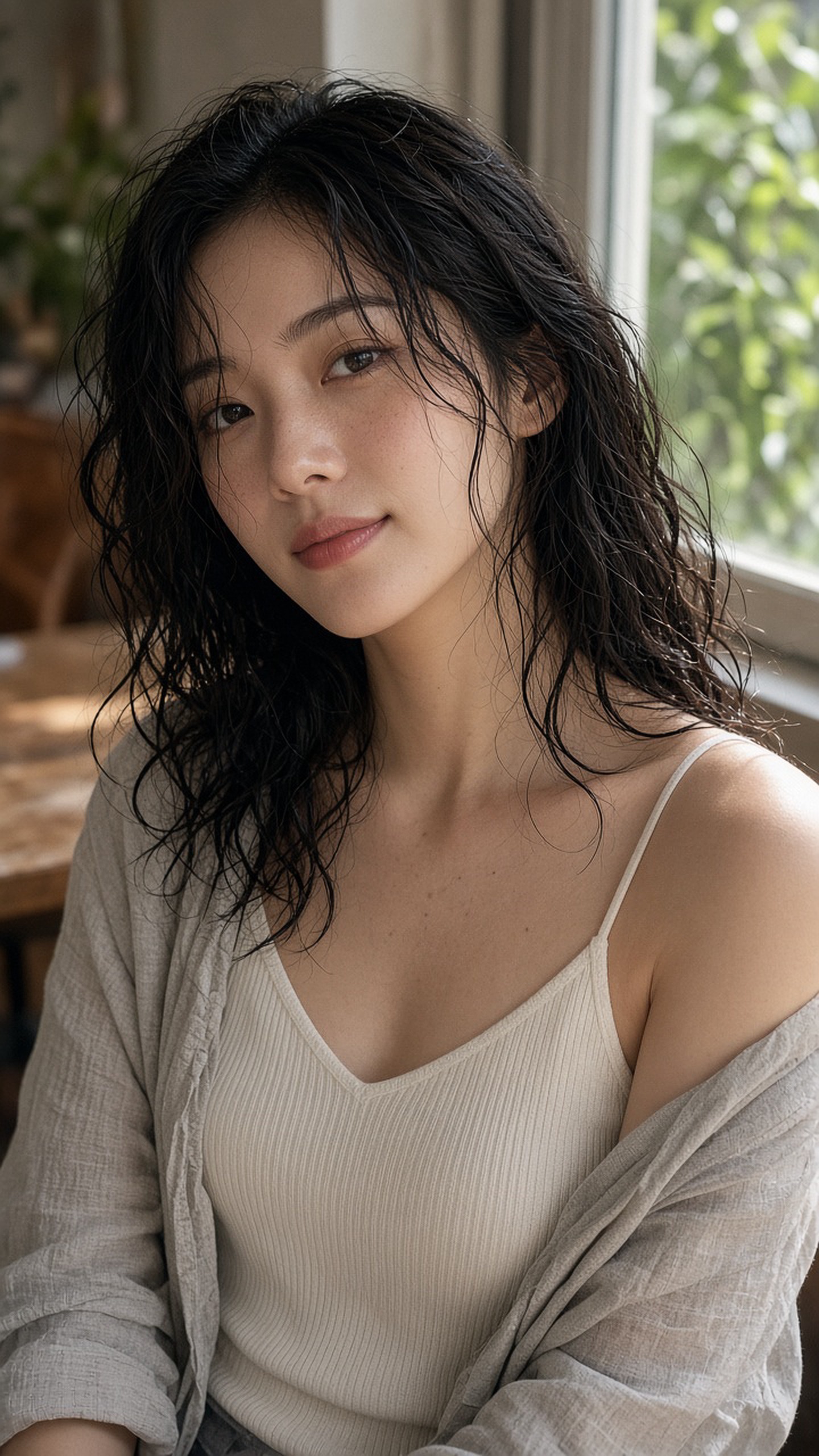 [人像寫真 · 電影光影] 一位25岁的中国女生的写实人像摄影，夏日午后靠窗的咖啡馆，穿米白色细针织吊带与浅…
