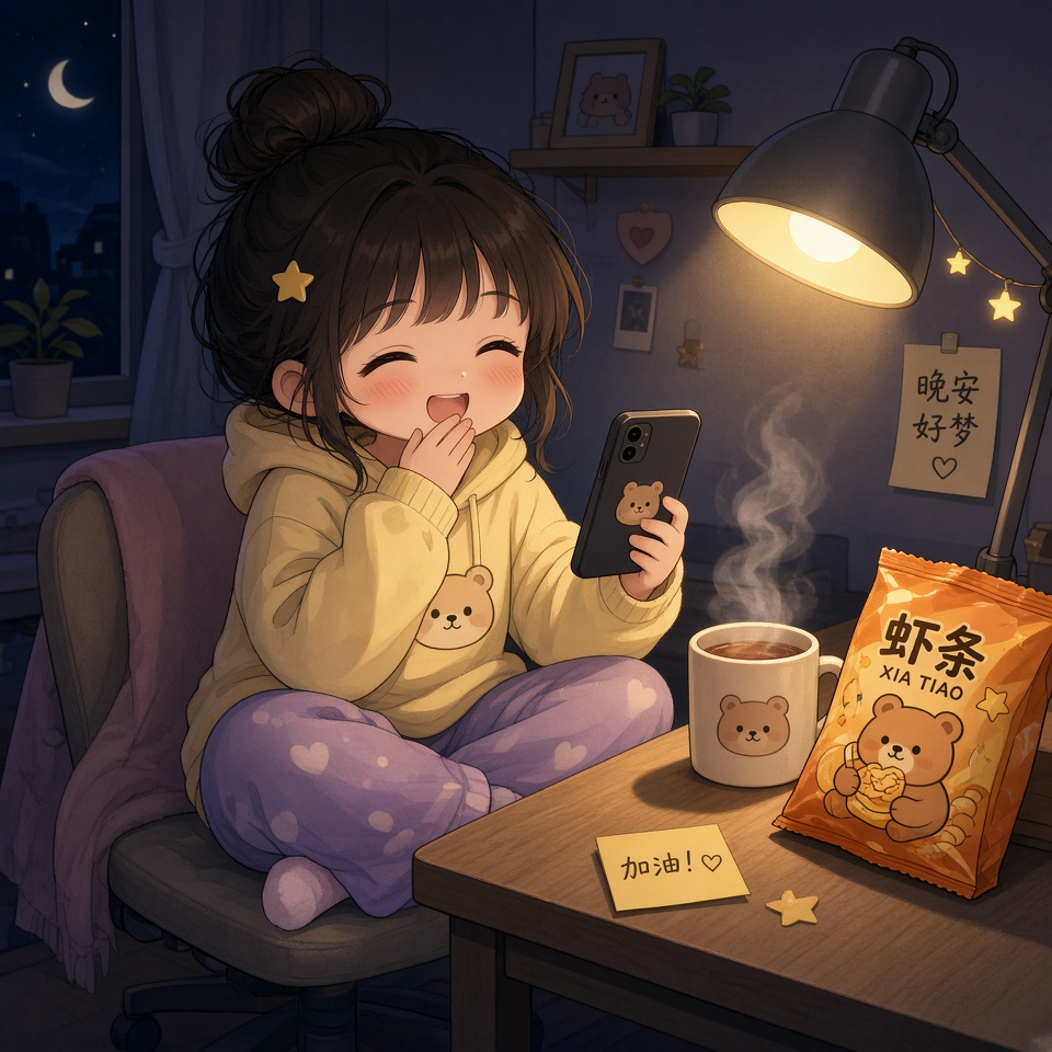 深夜的房间里，一个年轻女生盘腿坐在椅子上，一只手举着手机，笑得眼睛弯成月牙、脸颊…