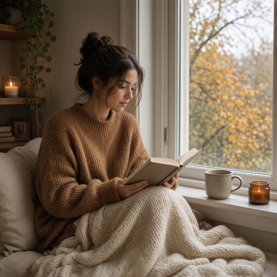 young woman reading a book by a large wi…