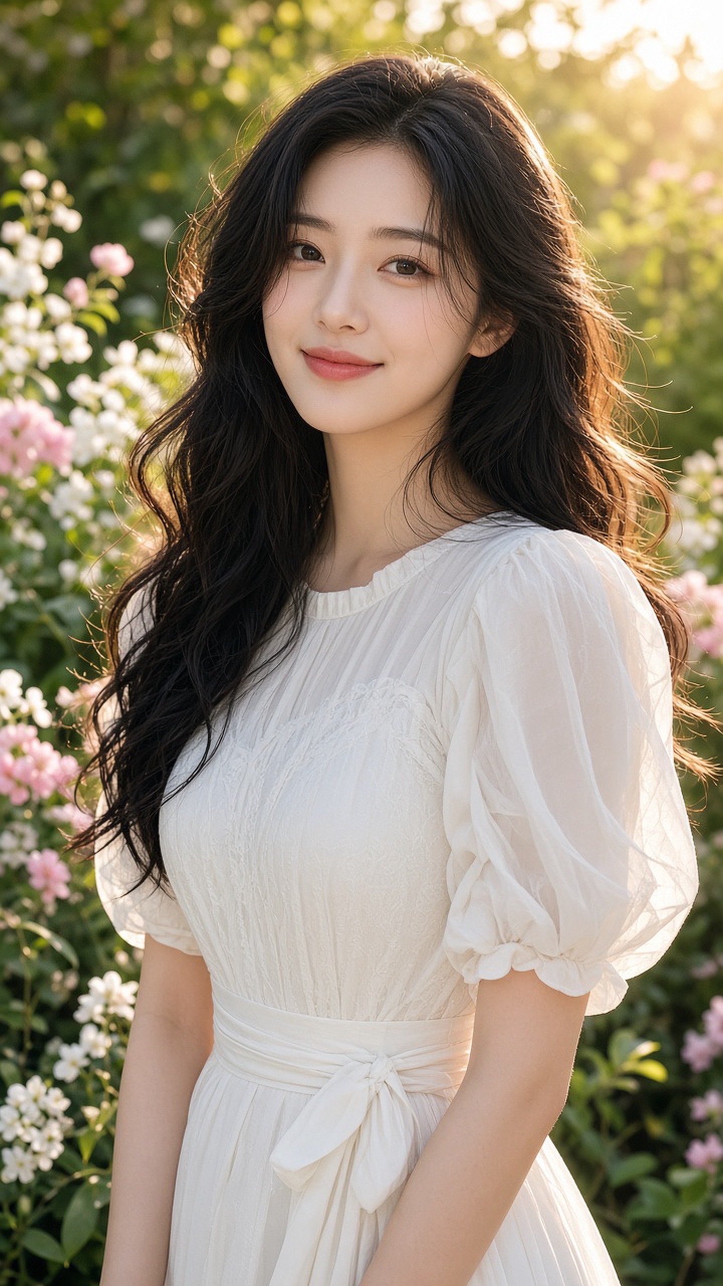 清晨花园白裙女性肖像，25岁成年东方美女，自然精致五官，清澈眼神，黑色长发微卷，…