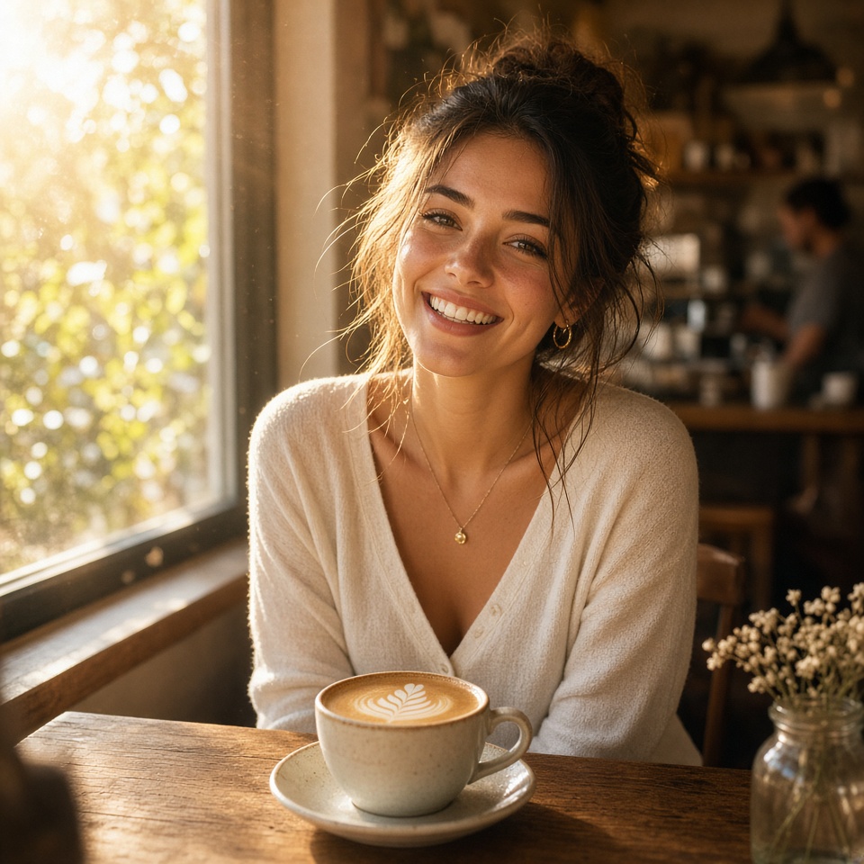beautiful young woman in a sunlit cafe,…
