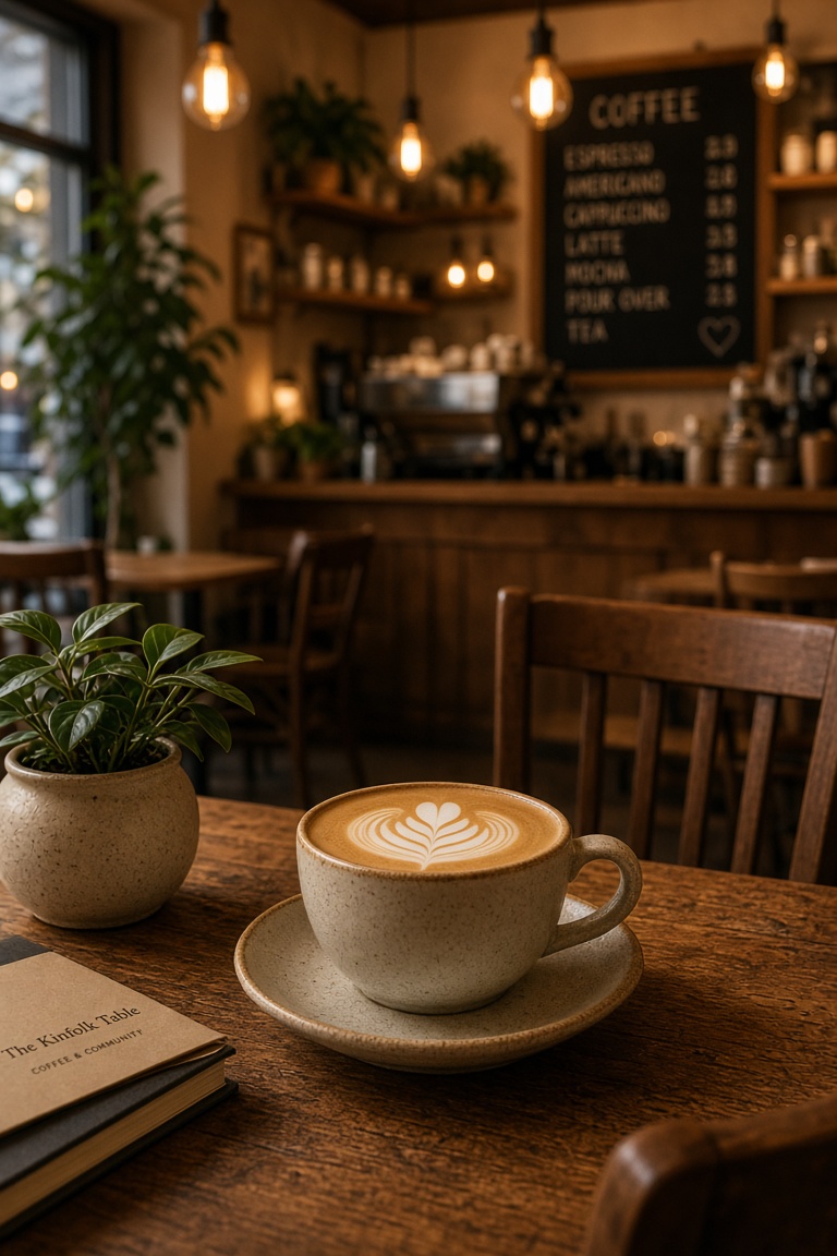 A cozy coffee shop interior, warm lighti…
