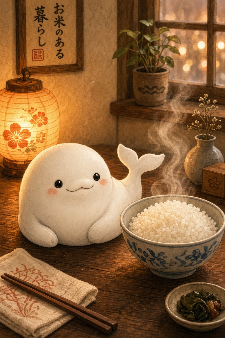 一团圆滚滚的白鲸，长得像个刚捏好的饭团，圆肚子、小眼睛、尾巴翘着；旁边一碗冒热气…