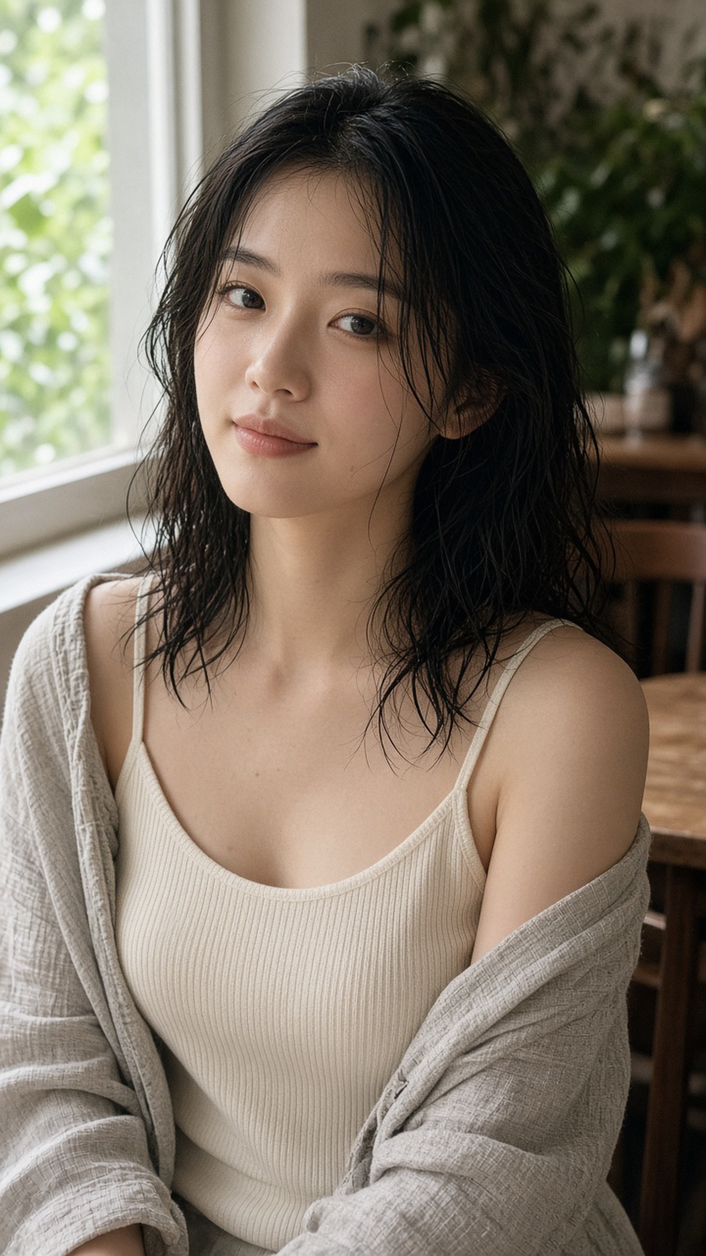 [人像寫真 · 電影光影] 一位25岁的中国女生的写实人像摄影，夏日午后靠窗的咖啡馆，穿米白色细针织吊带与浅…