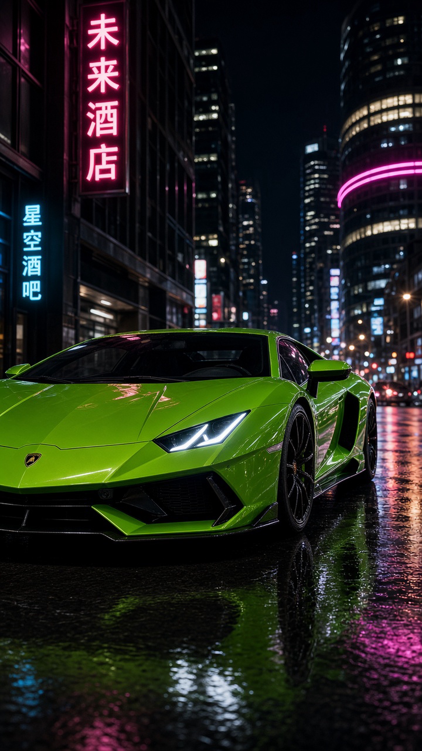 一辆兰博基尼超级跑车，竖版构图，车身线条犀利，停在城市夜景街道上，霓虹灯反射，电…