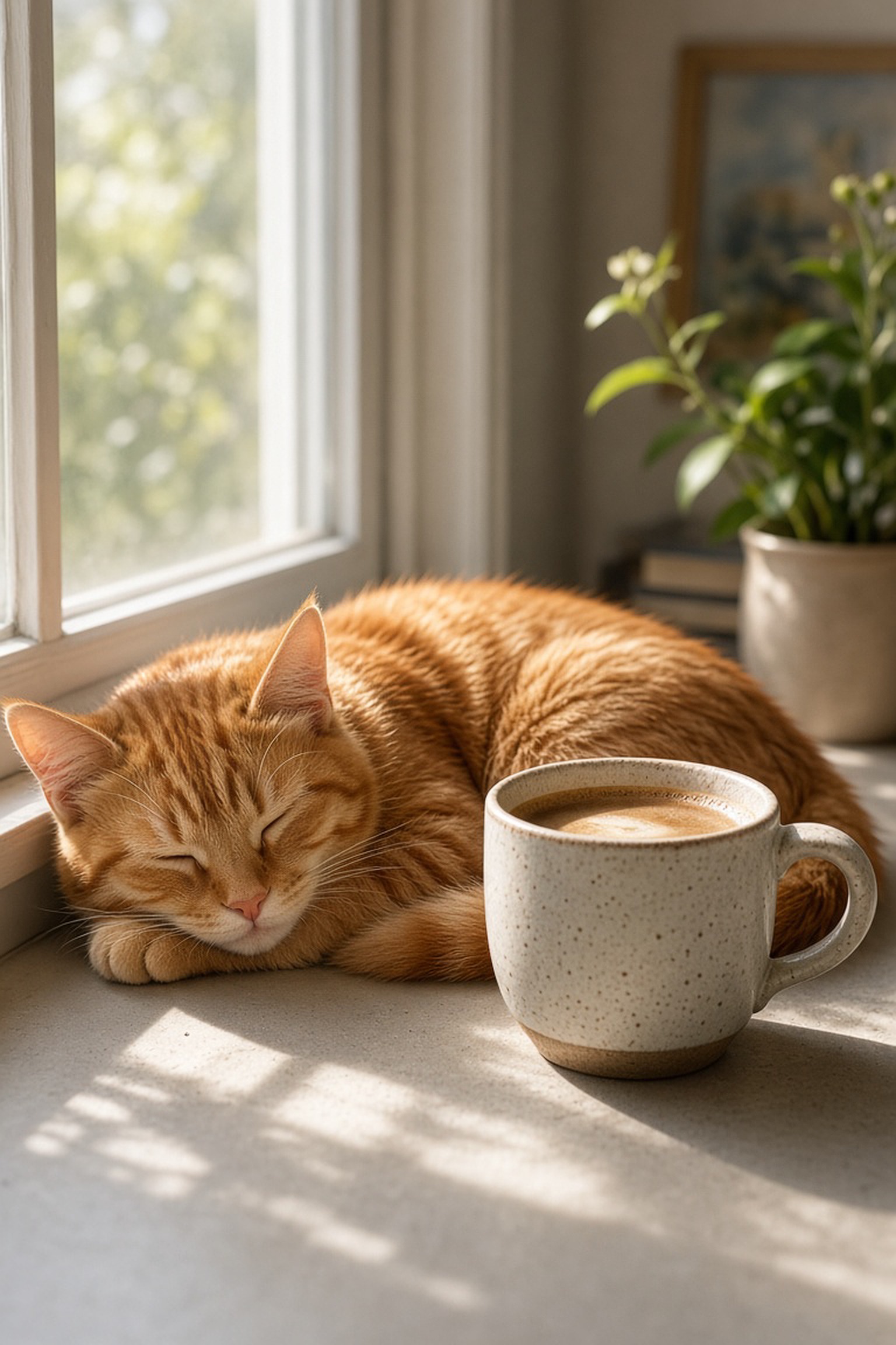 A cozy afternoon scene: a ginger cat sle…