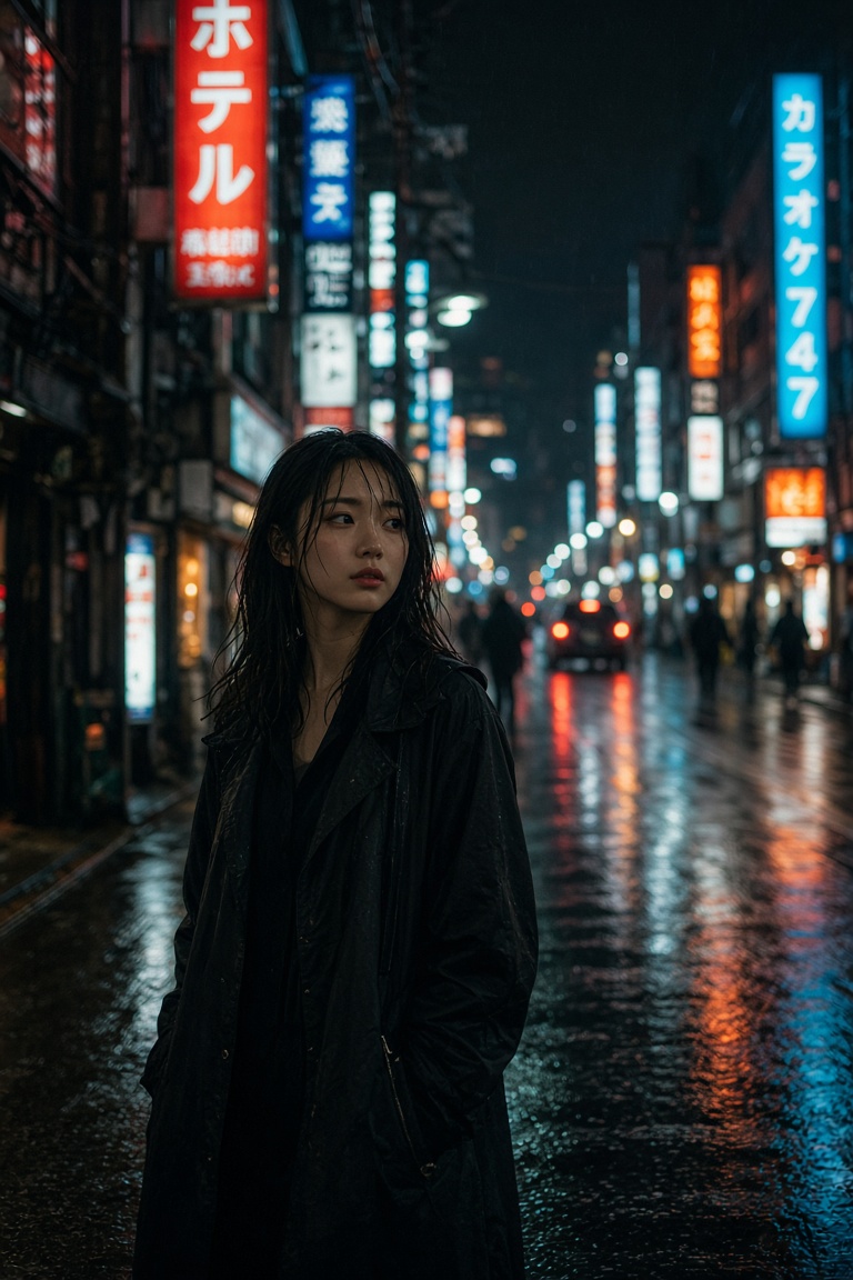 A young woman standing on a rain-soaked…