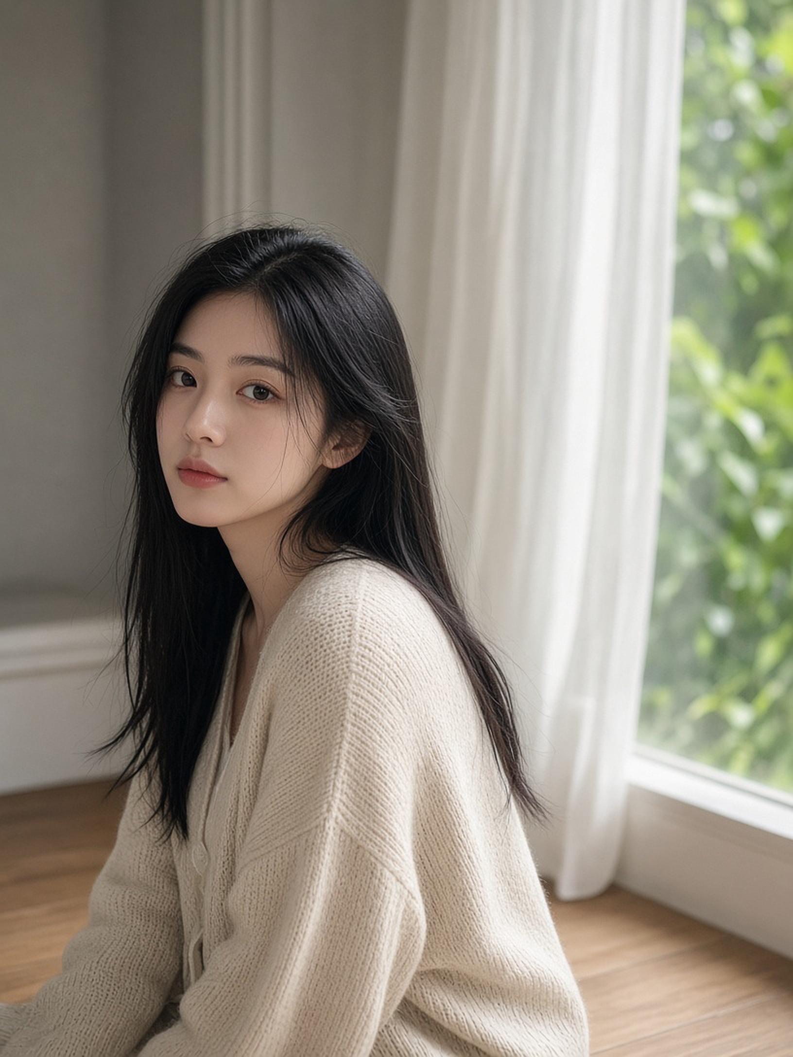 写实人像摄影，一位二十多岁的中国年轻女性，素颜感淡妆，黑色长直发自然散落，穿着米…