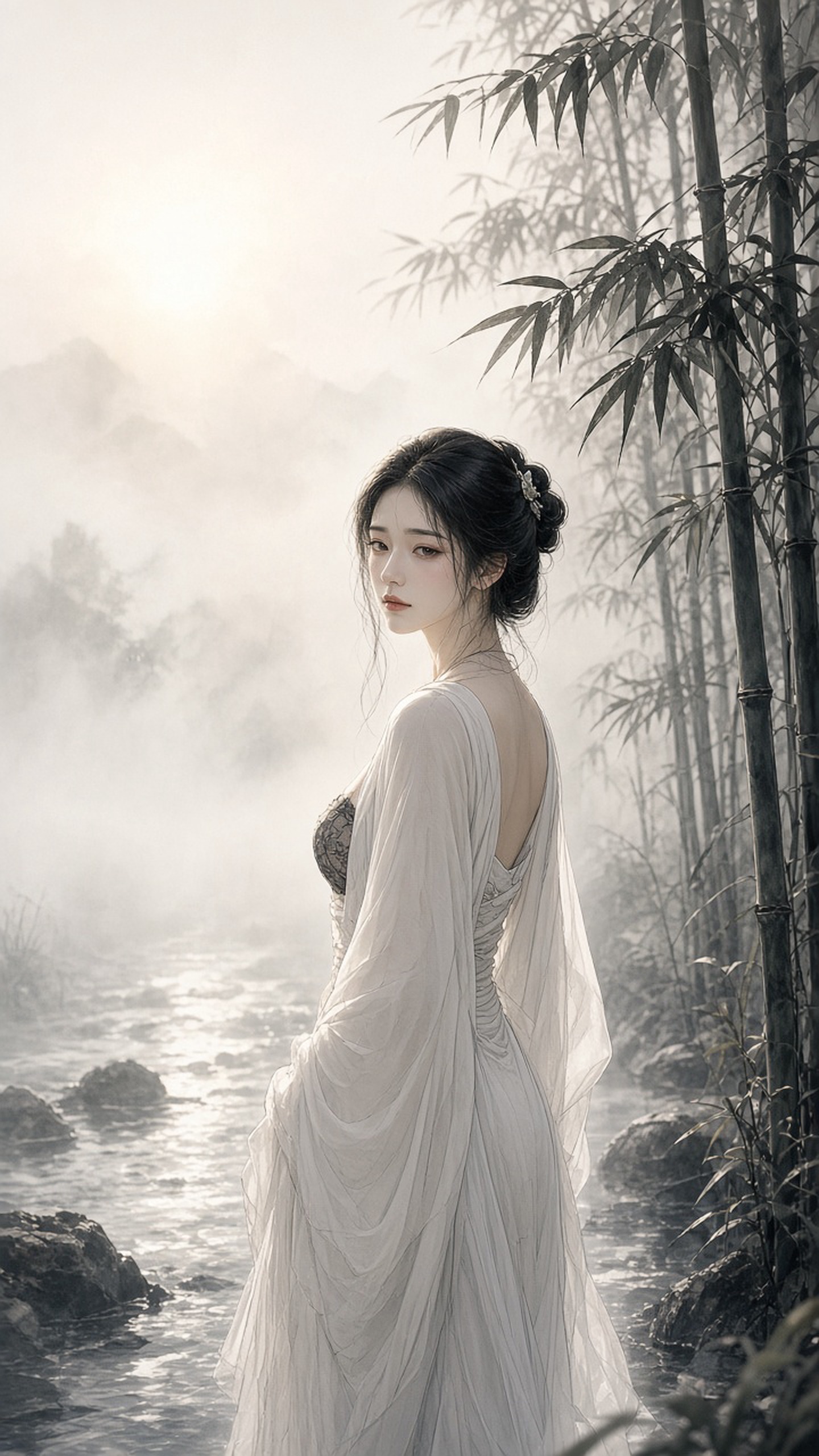 [人像寫真 · 東方古風] 古典东方水墨工笔美学，一位身着素白汉服的女子立于竹林溪畔，晨雾缭绕，柔和侧逆光勾…